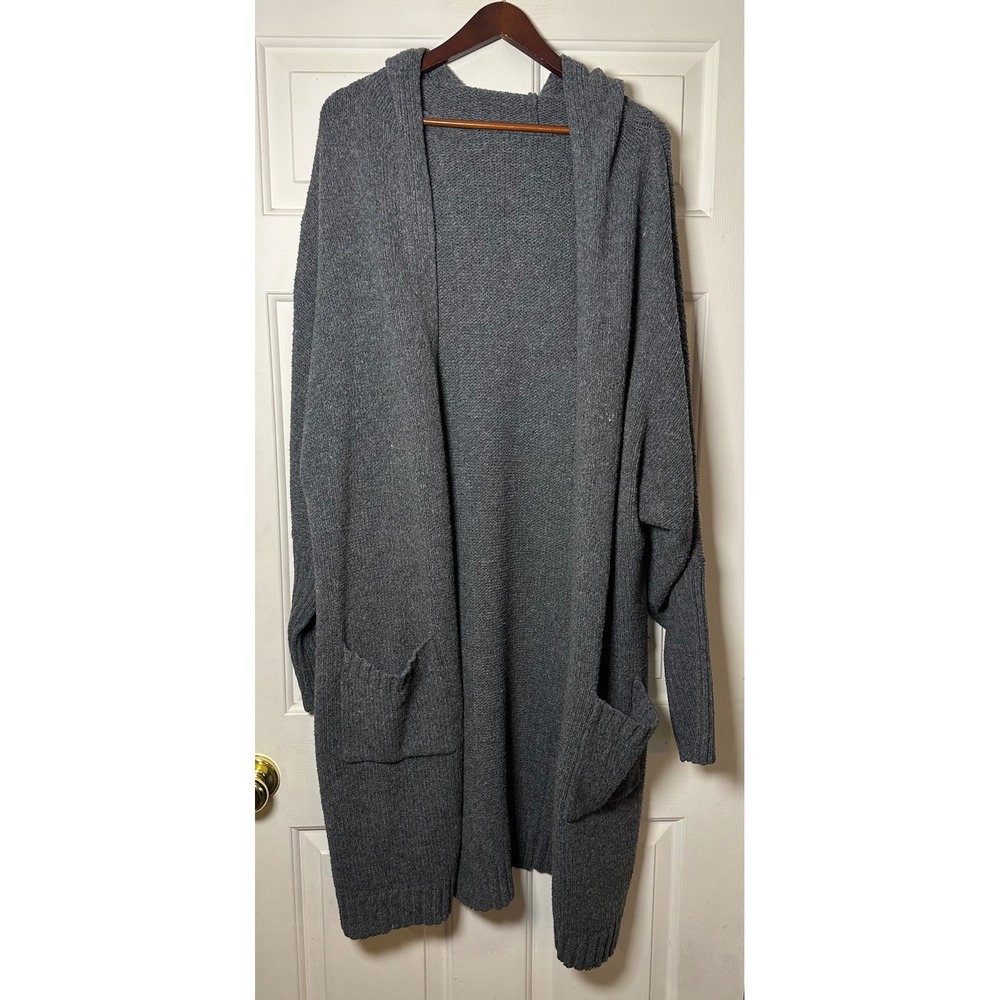 Women L Dark Grey Oversized Hooded Cardigan Open Front Longline Boho Sweater‎
